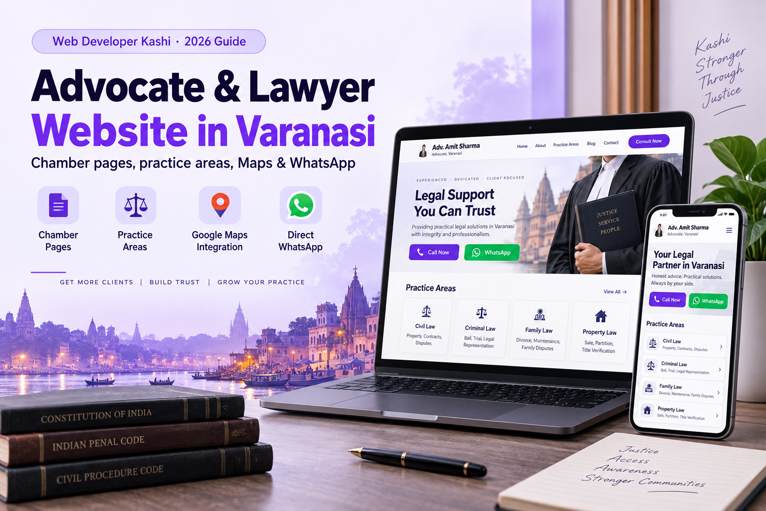 Advocate and lawyer website guide for Varanasi chambers 2026 — practice areas, Maps and WhatsApp