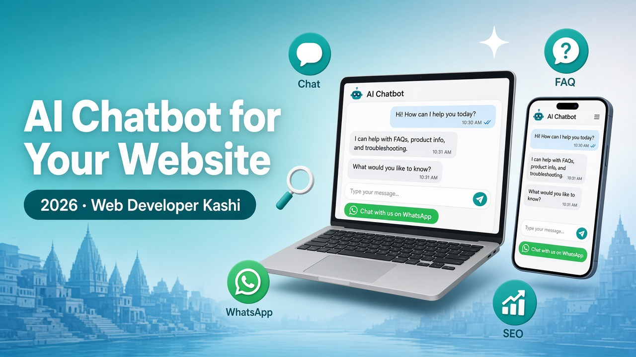 AI chatbot for a small business website in India 2026 — laptop and phone chat with FAQ, WhatsApp handoff and SEO, Web Developer Kashi Varanasi