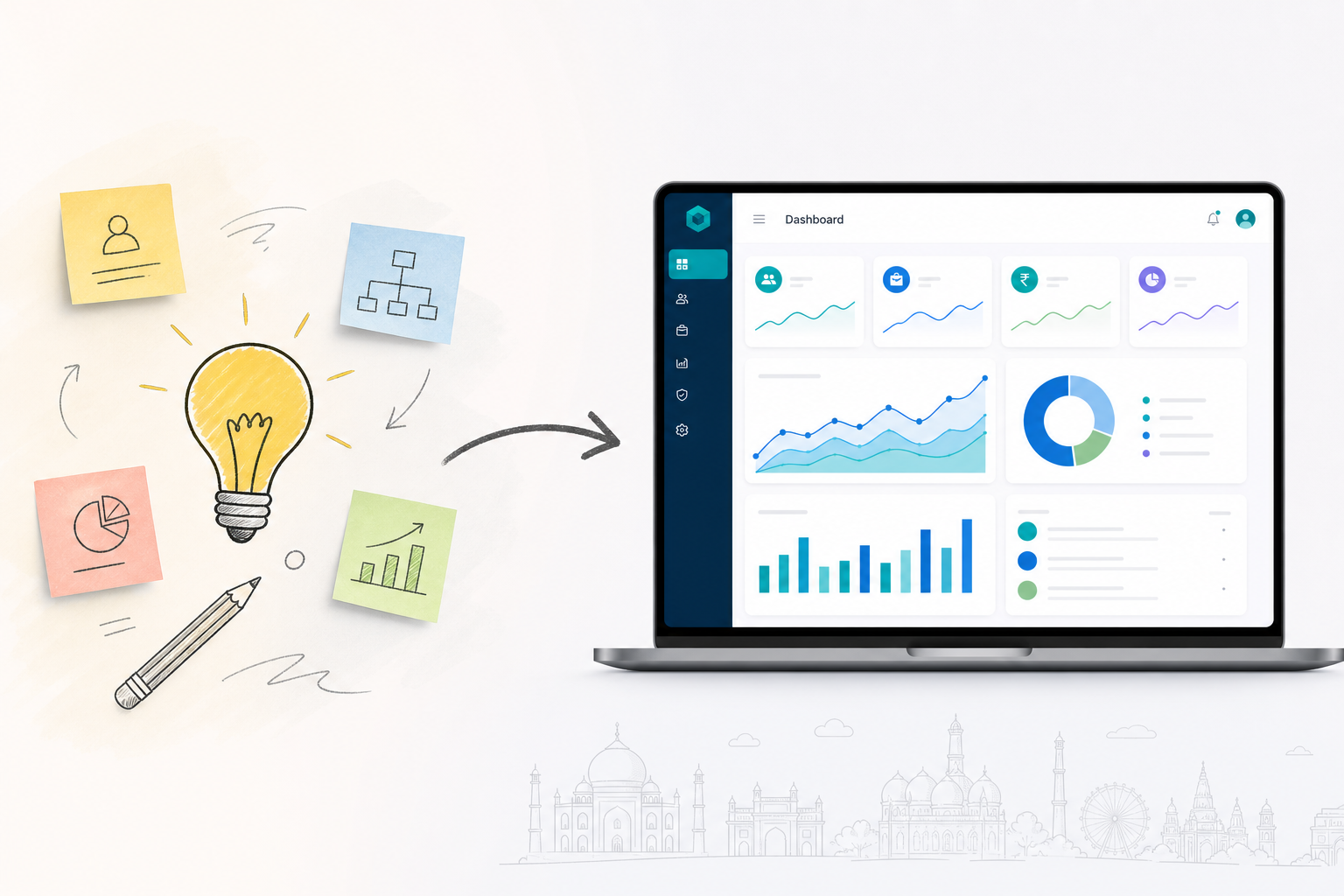 Business idea se custom software tak — sketch se structured dashboard tak illustration