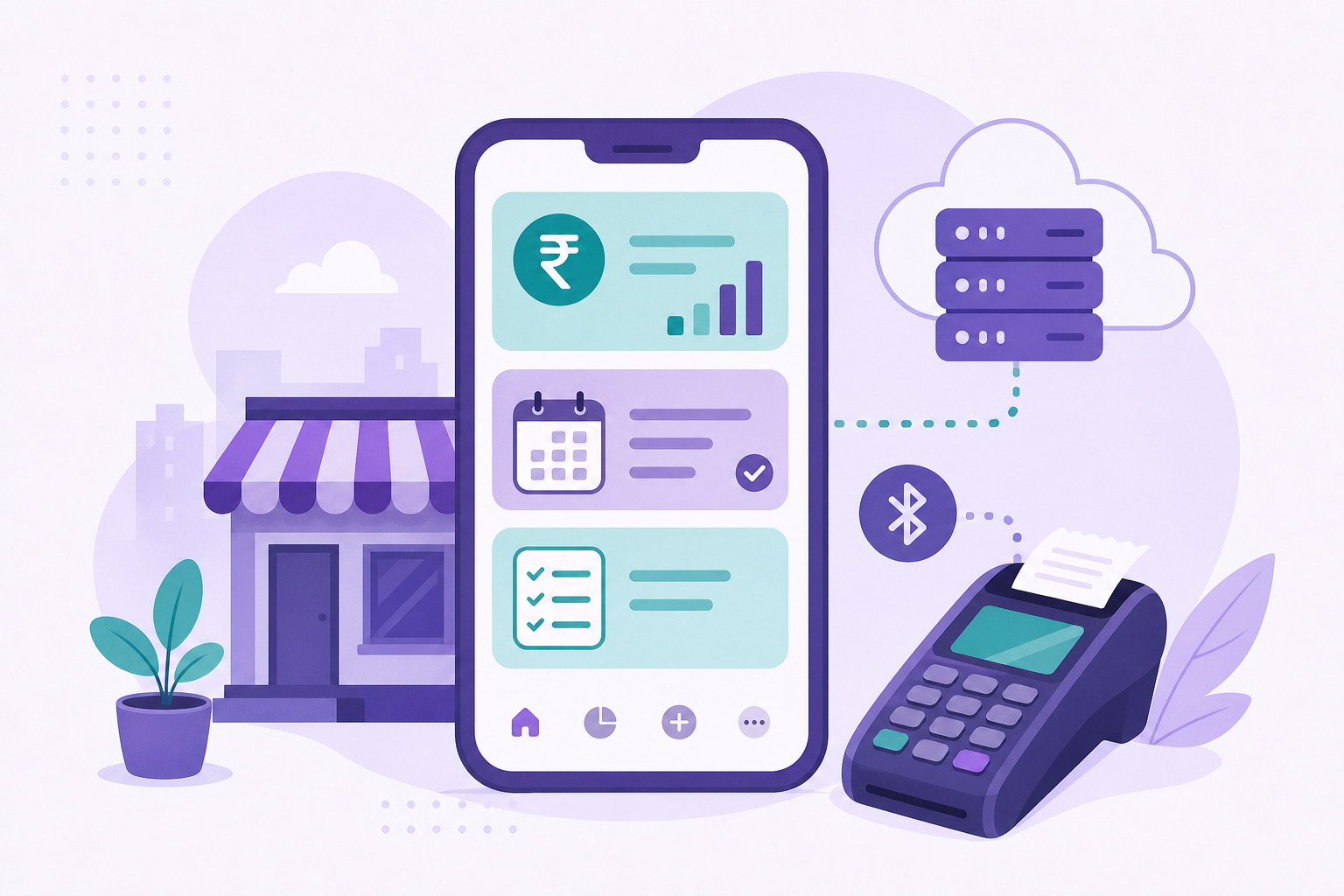 SMB mobile app stack India — cloud backend payments and device integrations illustration