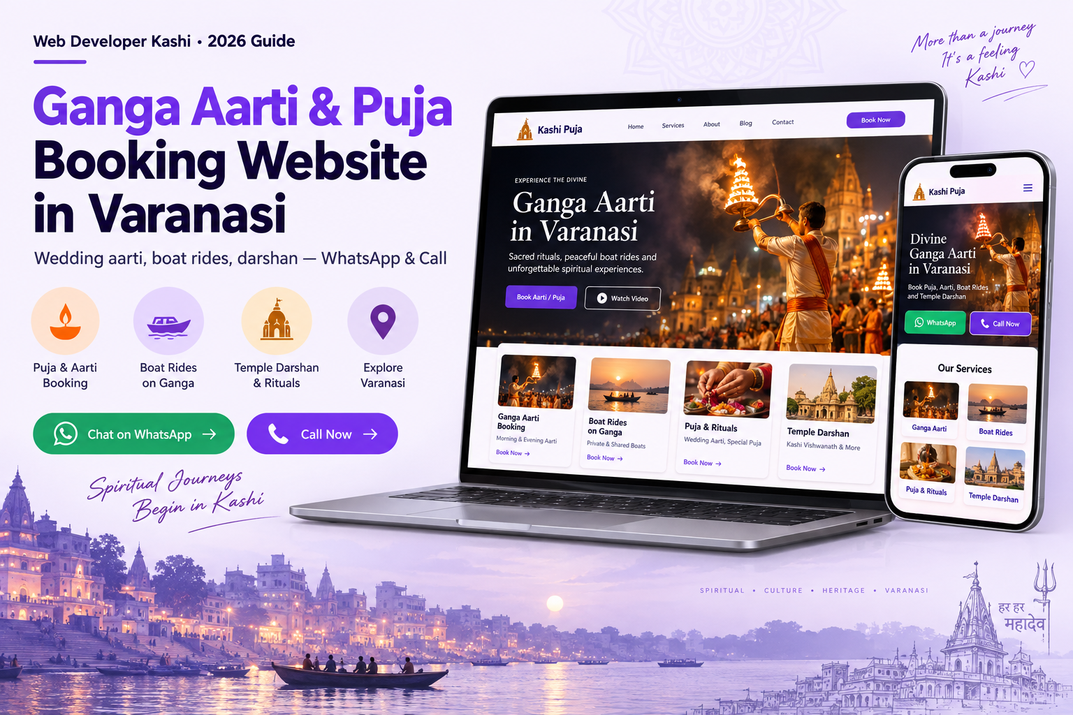 Ganga Aarti and puja booking website guide for Varanasi 2026 — WhatsApp, Call and gallery