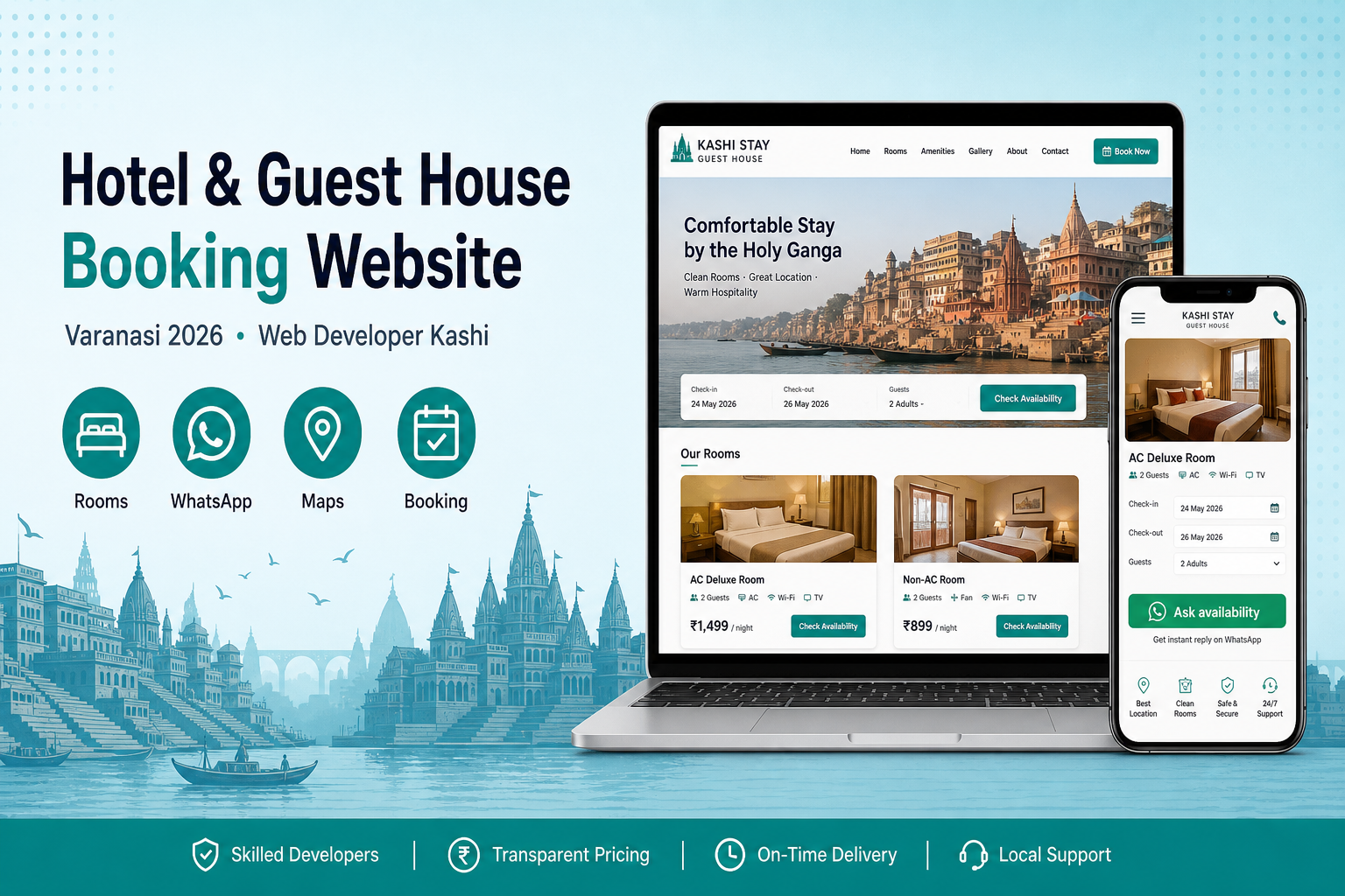 Hotel and guest house booking website development in Varanasi rooms WhatsApp Maps guide 2026 Web Developer Kashi