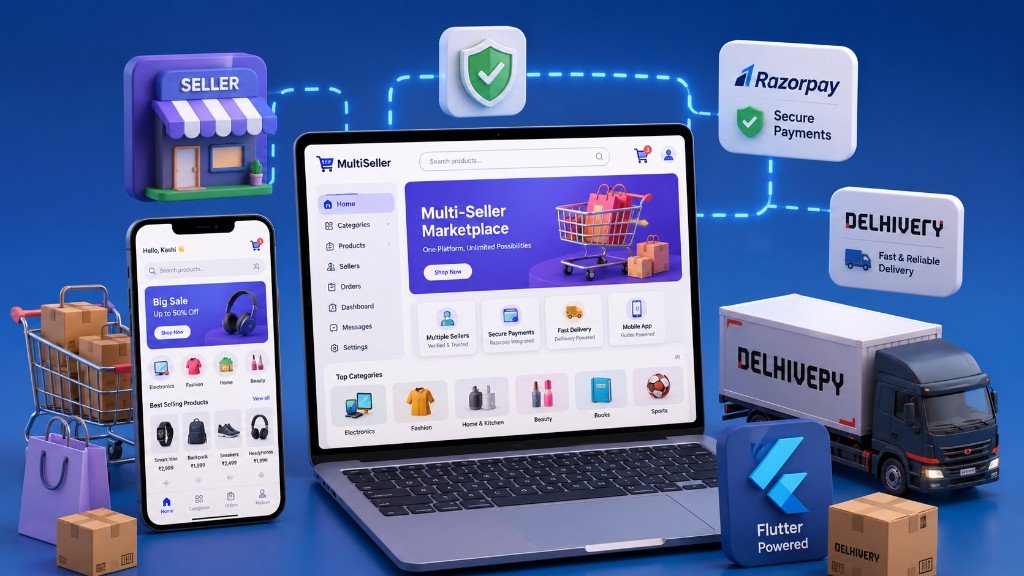 Multi-seller e-commerce marketplace with website Flutter app Razorpay and Delhivery India 2026