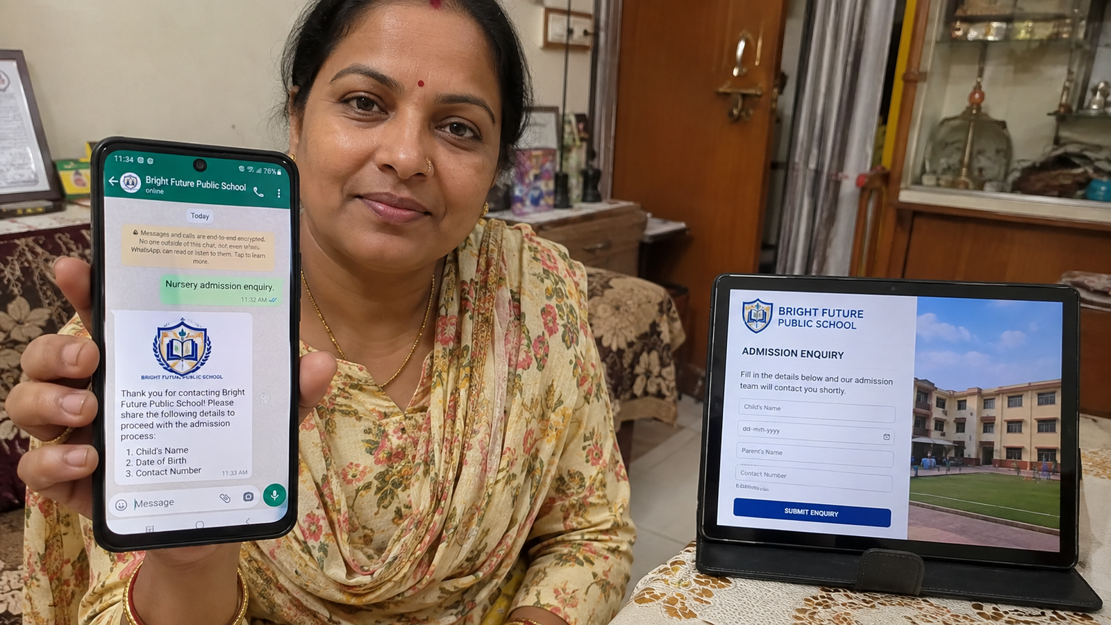 School admission enquiry on WhatsApp and mobile website for Varanasi and nearby district parents 2026