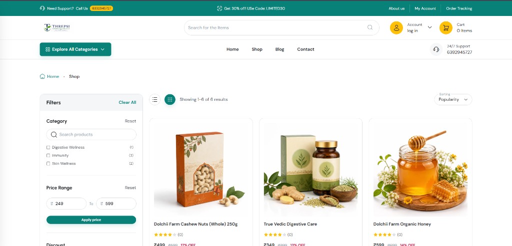 Threpsi Healthcare shop page with category and price filters — Laravel Vue e-commerce Varanasi
