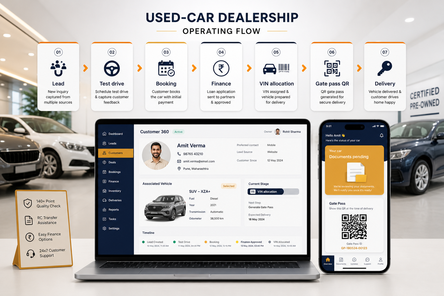 Used car dealership operating system journey from lead to QR gate pass and delivery