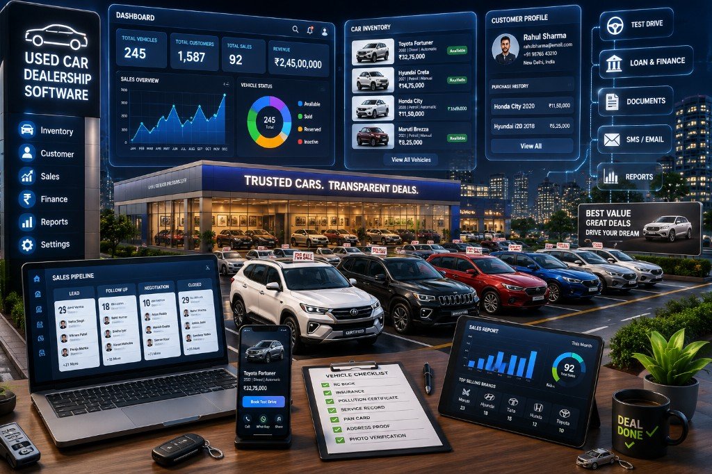 Used car dealership software in India showroom CRM pre-owned inventory QR gate pass 2026 Web Developer Kashi