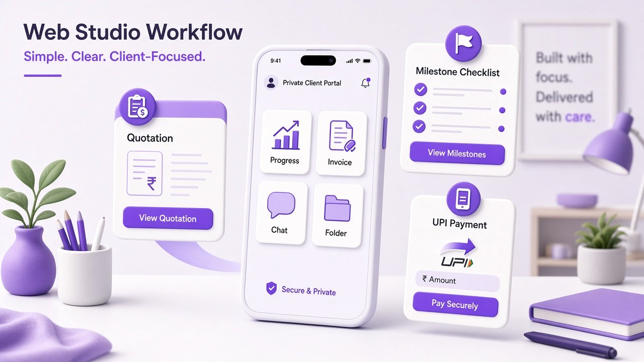 Web Developer Kashi client project portal — progress, bills, quotations and studio chat on Android