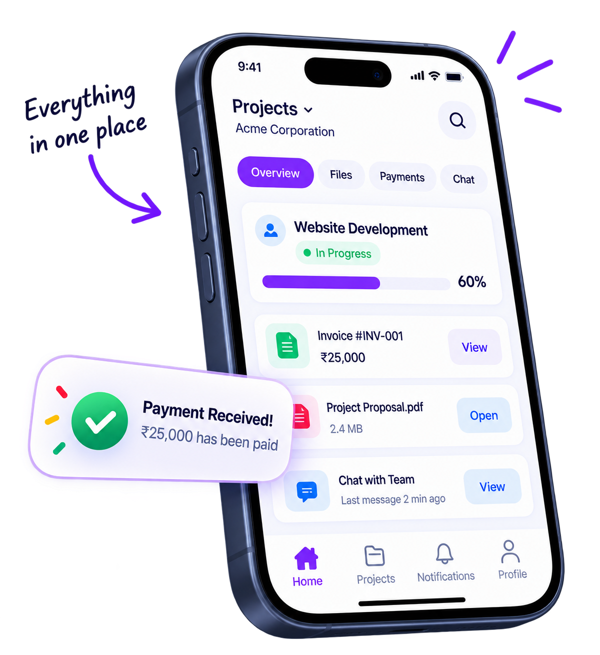 Client portal on phone — project overview, invoice, files, chat and payment in one place