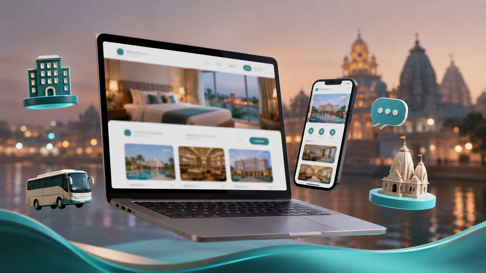 3D illustration of website and mobile tools for Mathura and Vrindavan businesses