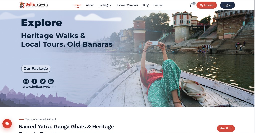 Bella Travels homepage — Varanasi tour booking website with heritage walks, Ganga ghats hero and yatra packages by Web Developer Kashi
