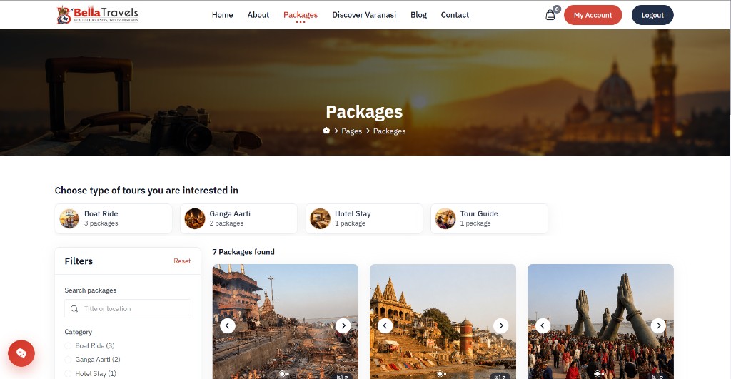 Bella Travels packages page — tour category filters for boat ride, Ganga Aarti, hotel stay and tour guide in Varanasi