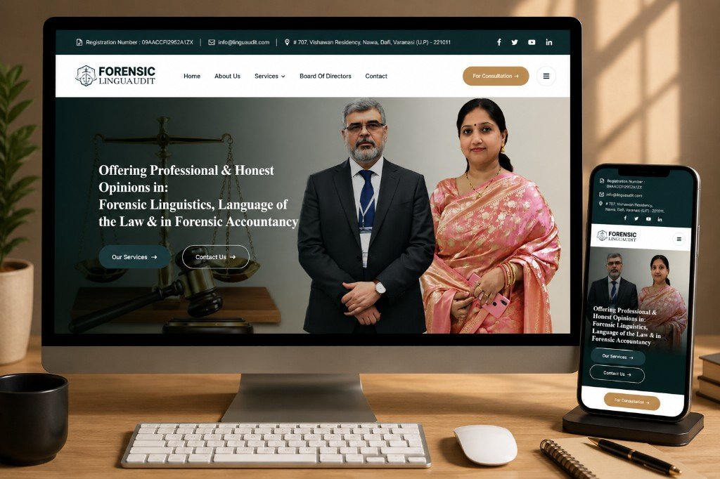 FLCPL Forensic Lingua Audit website on desktop and mobile — forensic linguistics and accountancy, Varanasi