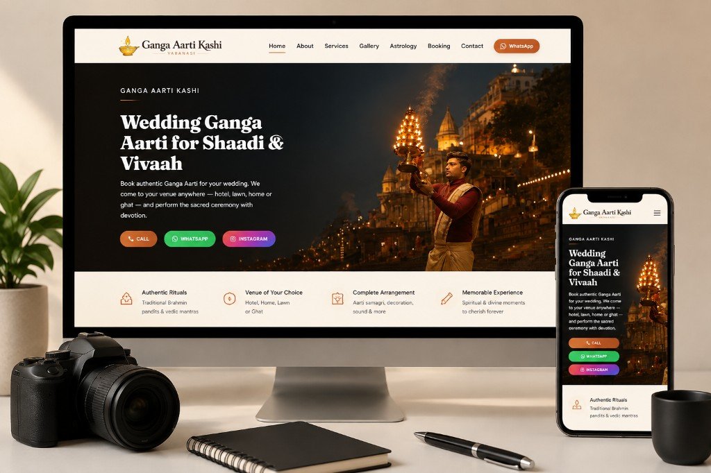 Ganga Aarti Kashi website — desktop and mobile responsive design for wedding Ganga Aarti booking in Varanasi