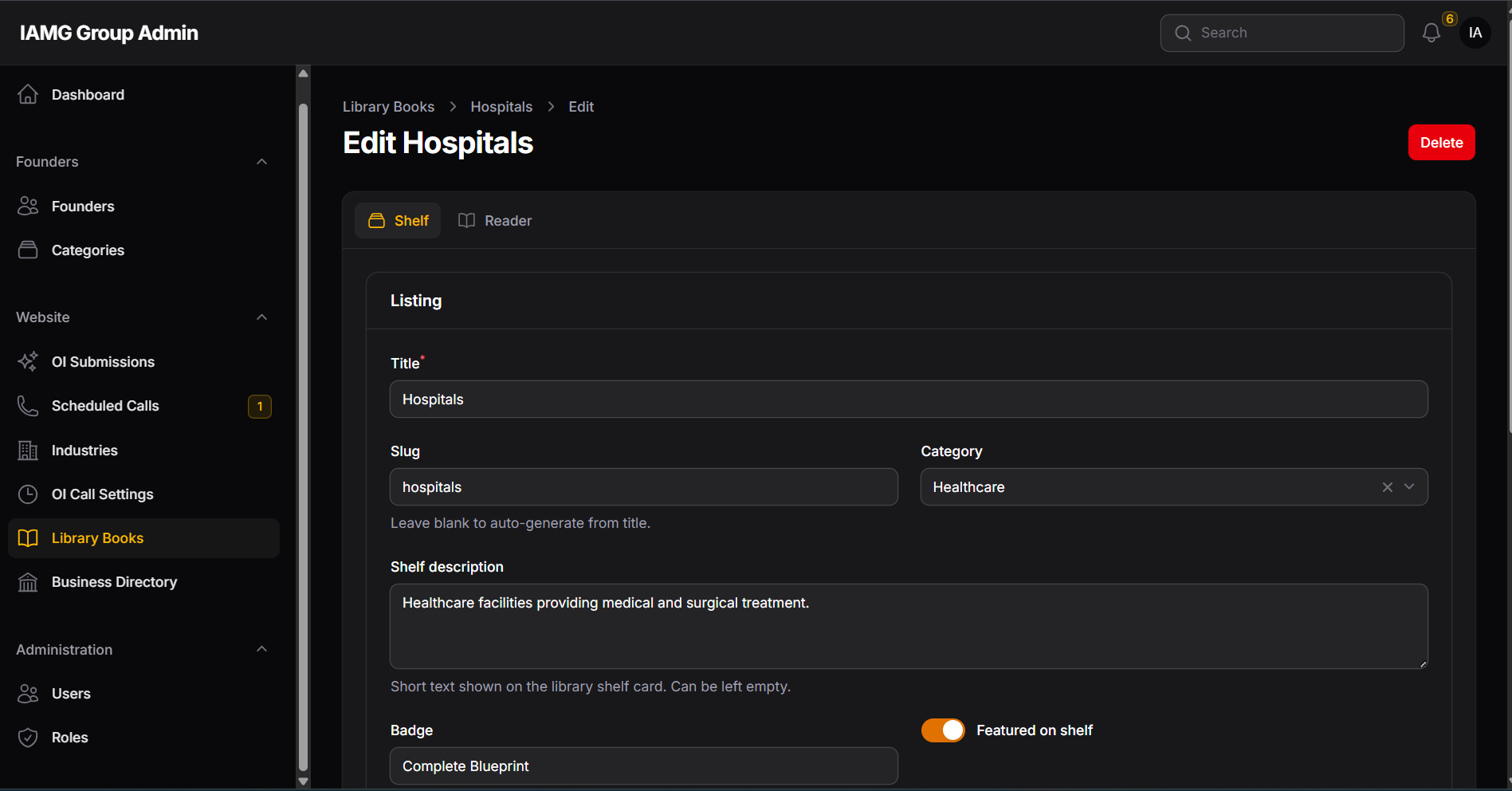 IAMG Group Filament admin — edit Hospitals blueprint with shelf and reader tabs