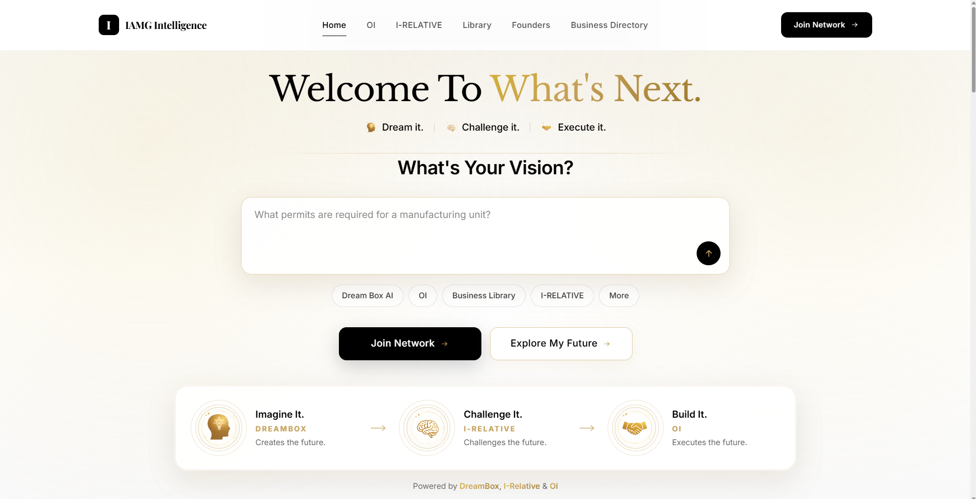 IAMG Group homepage — AI startup founder ecosystem with DreamBox AI, I-Relative and OI execution intelligence, India