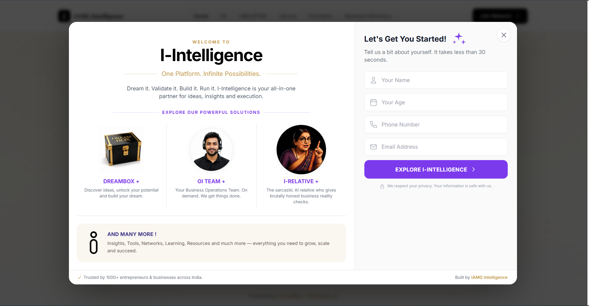 IAMG I-Intelligence welcome modal — DreamBox, OI Team and I-Relative founder onboarding