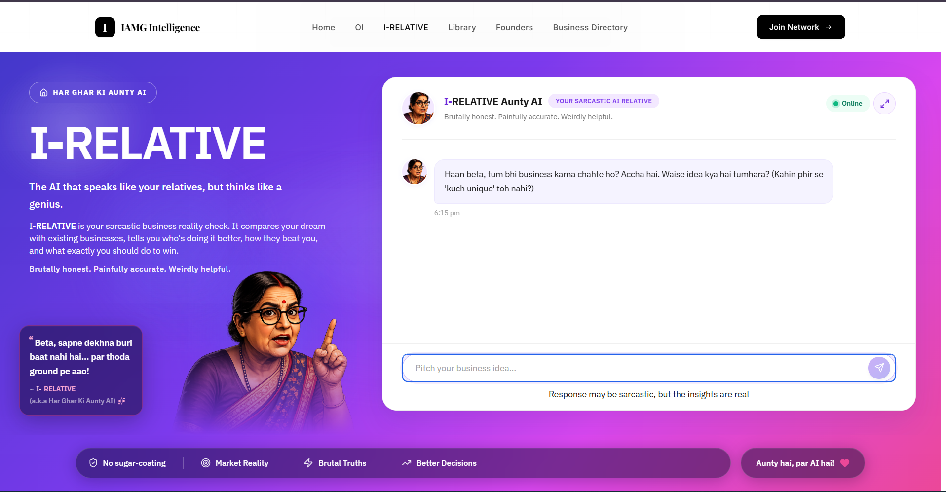 I-Relative AI on IAMG Group — sarcastic startup idea reality-check chat for Indian founders