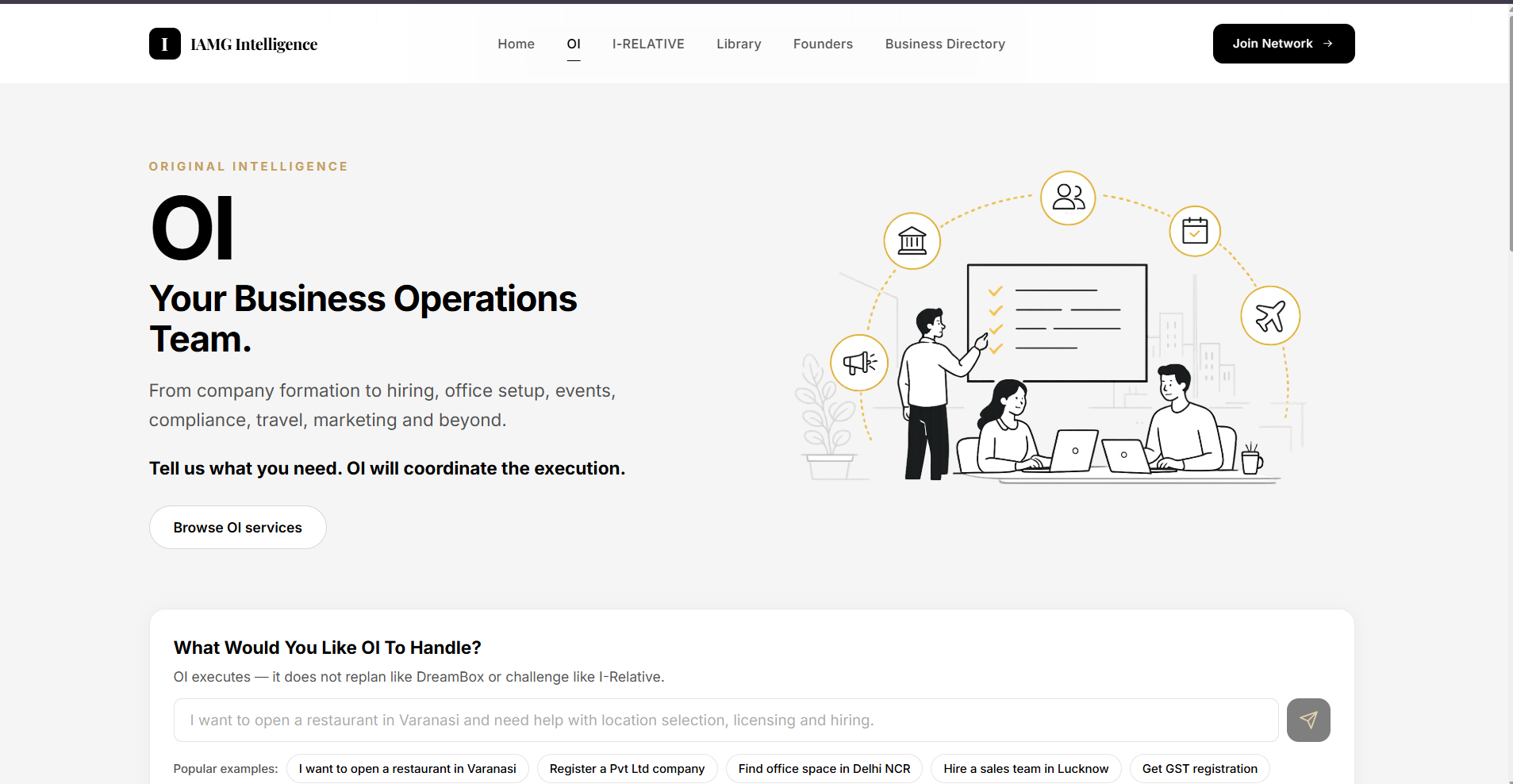 OI execution intelligence services — company formation, hiring, compliance and marketing on IAMG Group