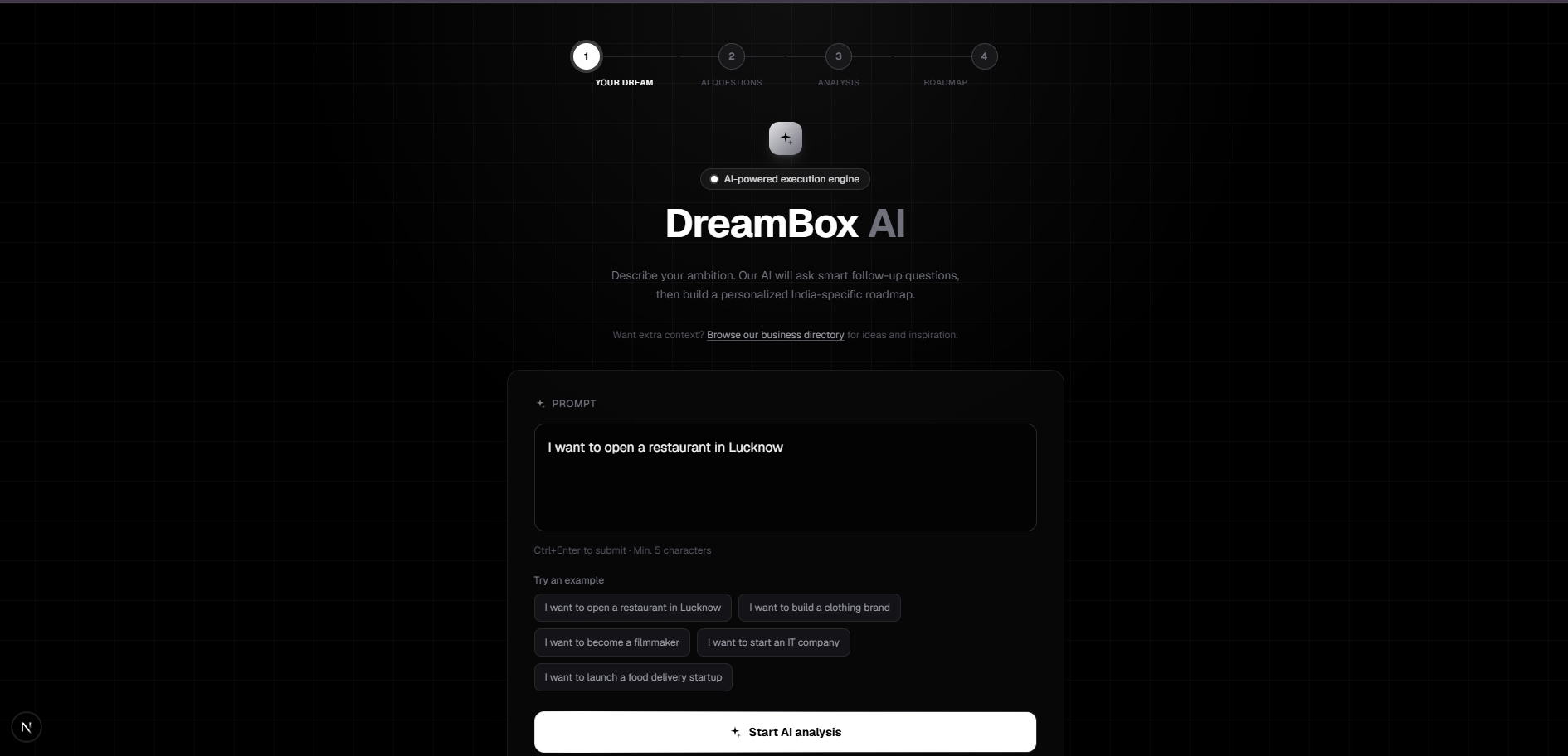 DreamBox AI Step 2 — dynamic AI clarification questions grouped by Vision, Location, Financial and more