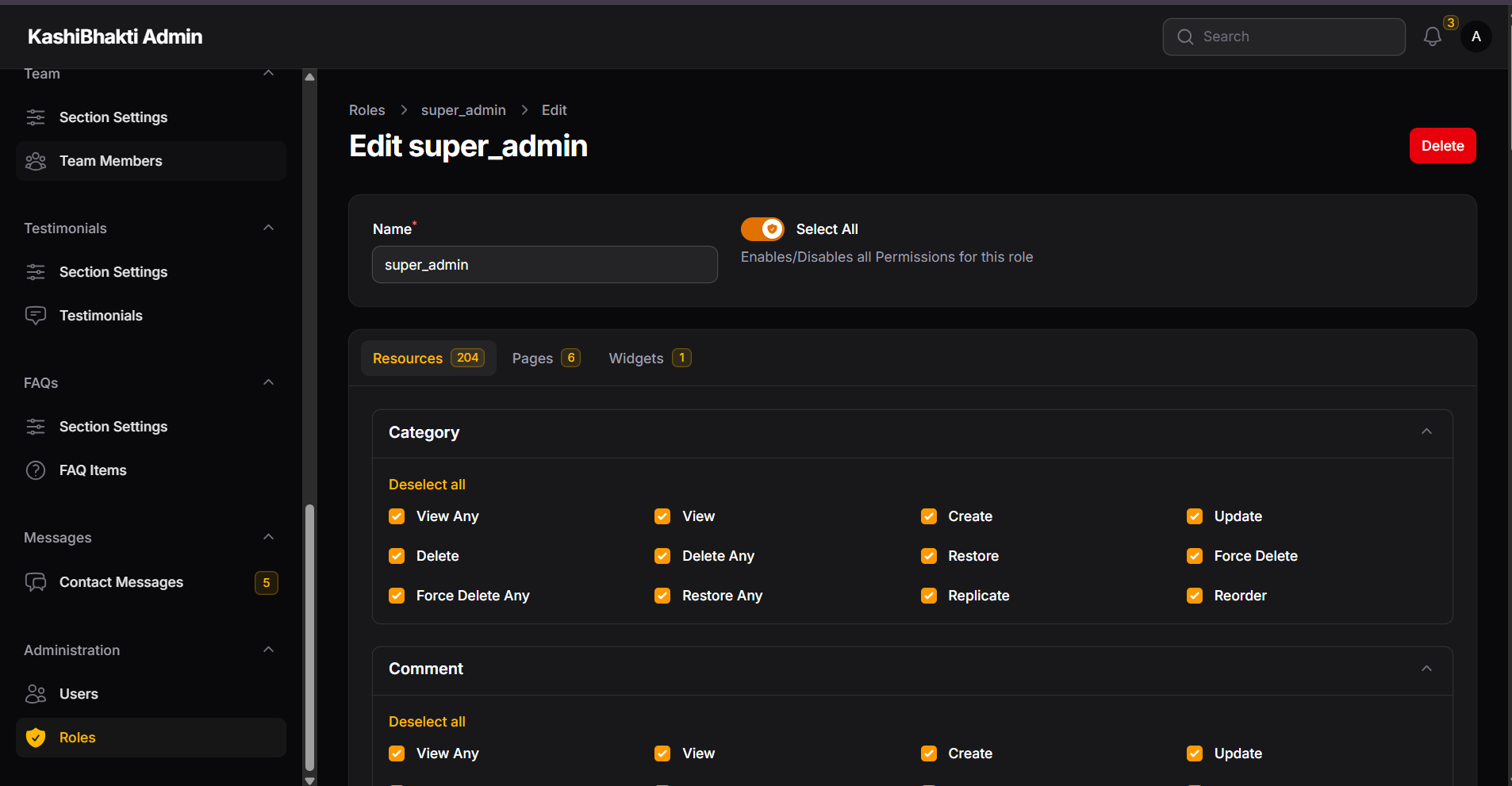 KashiBhakti Filament admin — super admin roles and granular permissions