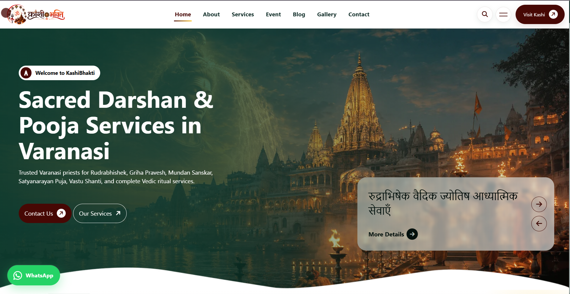KashiBhakti homepage hero — Sacred Darshan and Pooja Services in Varanasi by Web Developer Kashi