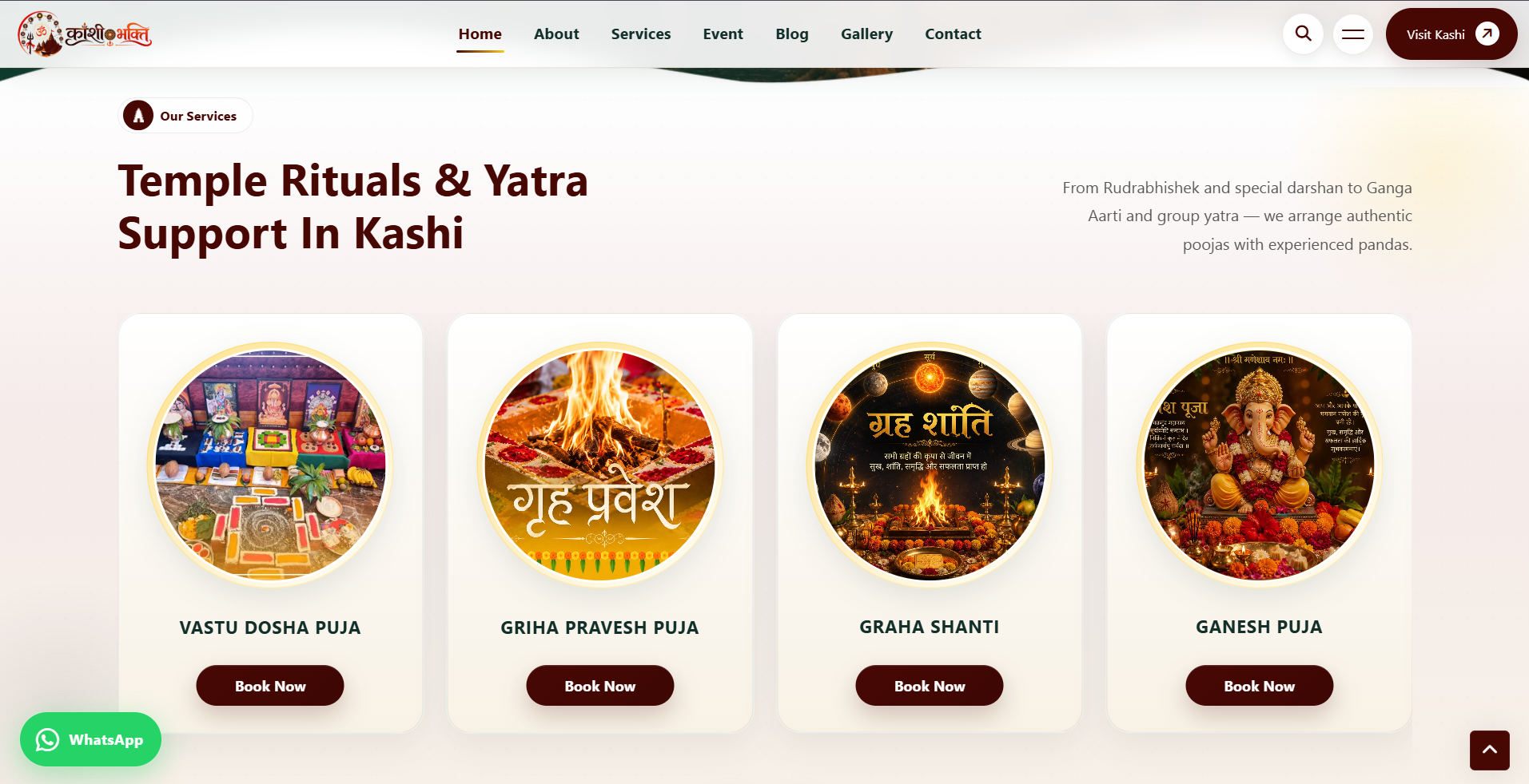 KashiBhakti spiritual services — Temple Rituals and Yatra Support in Kashi with Book Now cards