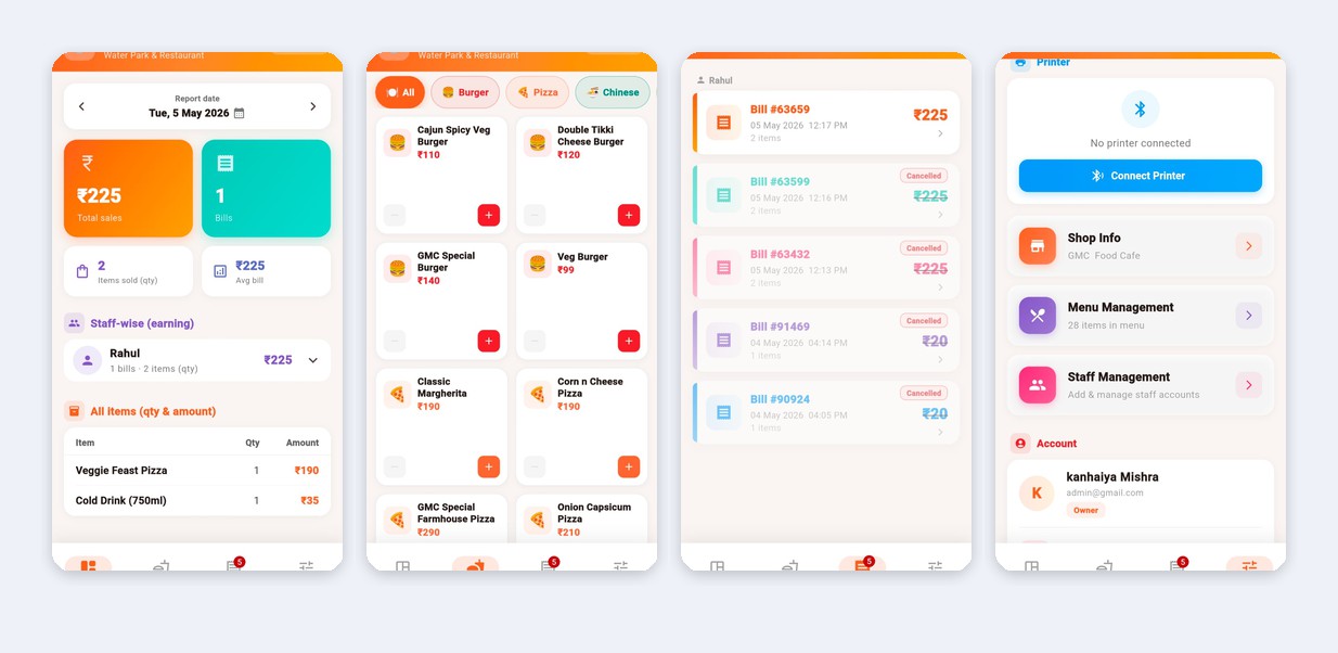 Mindset Media — food billing POS collage: four key mobile screens (menu, billing, Firebase flows)