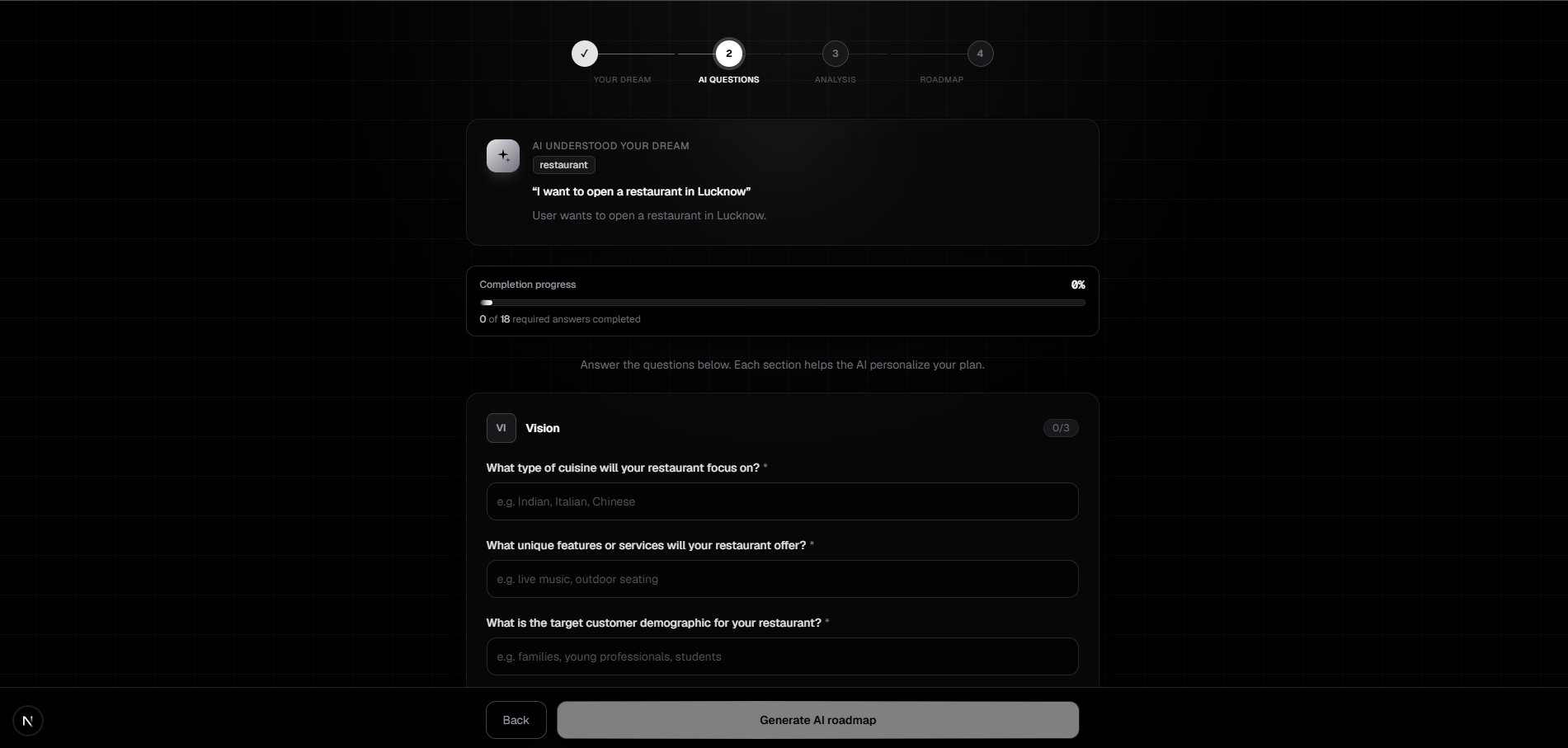DreamBox AI Step 1 — smart dream intake with example prompts and AI-powered execution engine UI