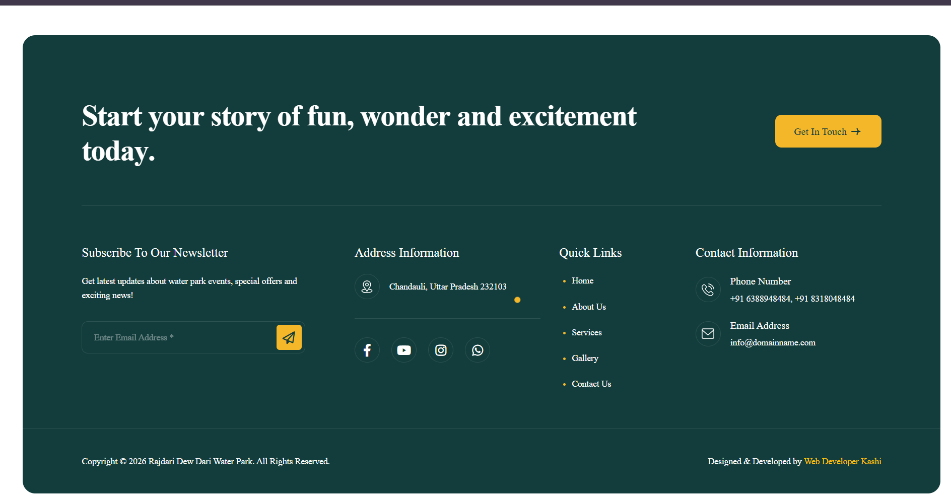 Rajdari Dewdari Water Park — website footer newsletter and contact