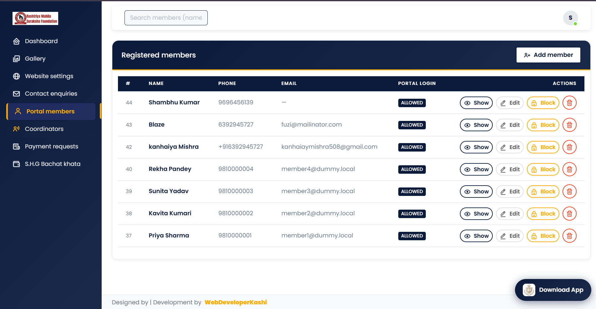 RMSF Admin Panel — Portal Members list with search and actions