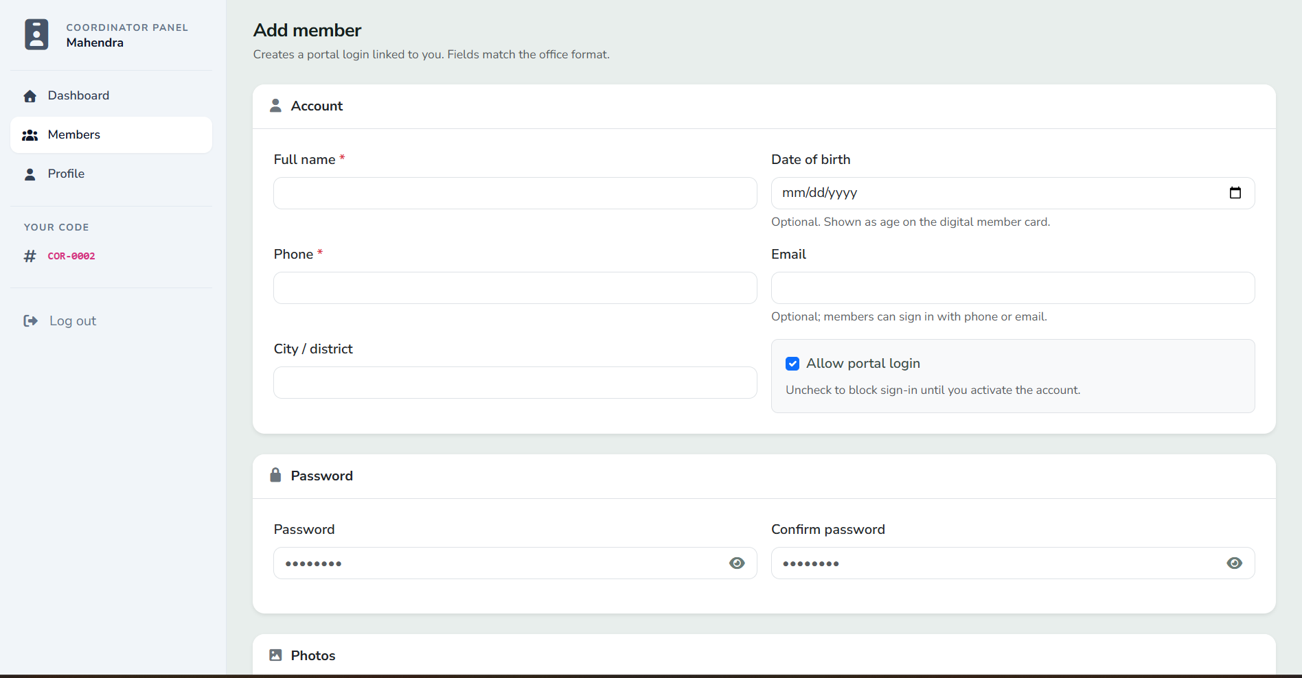 RMSF Coordinator Panel — Add member form with account details