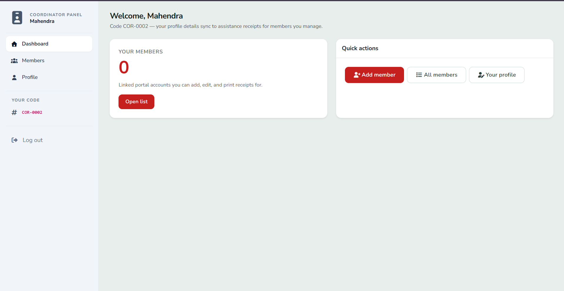 RMSF Coordinator Panel — Dashboard with member count and quick actions