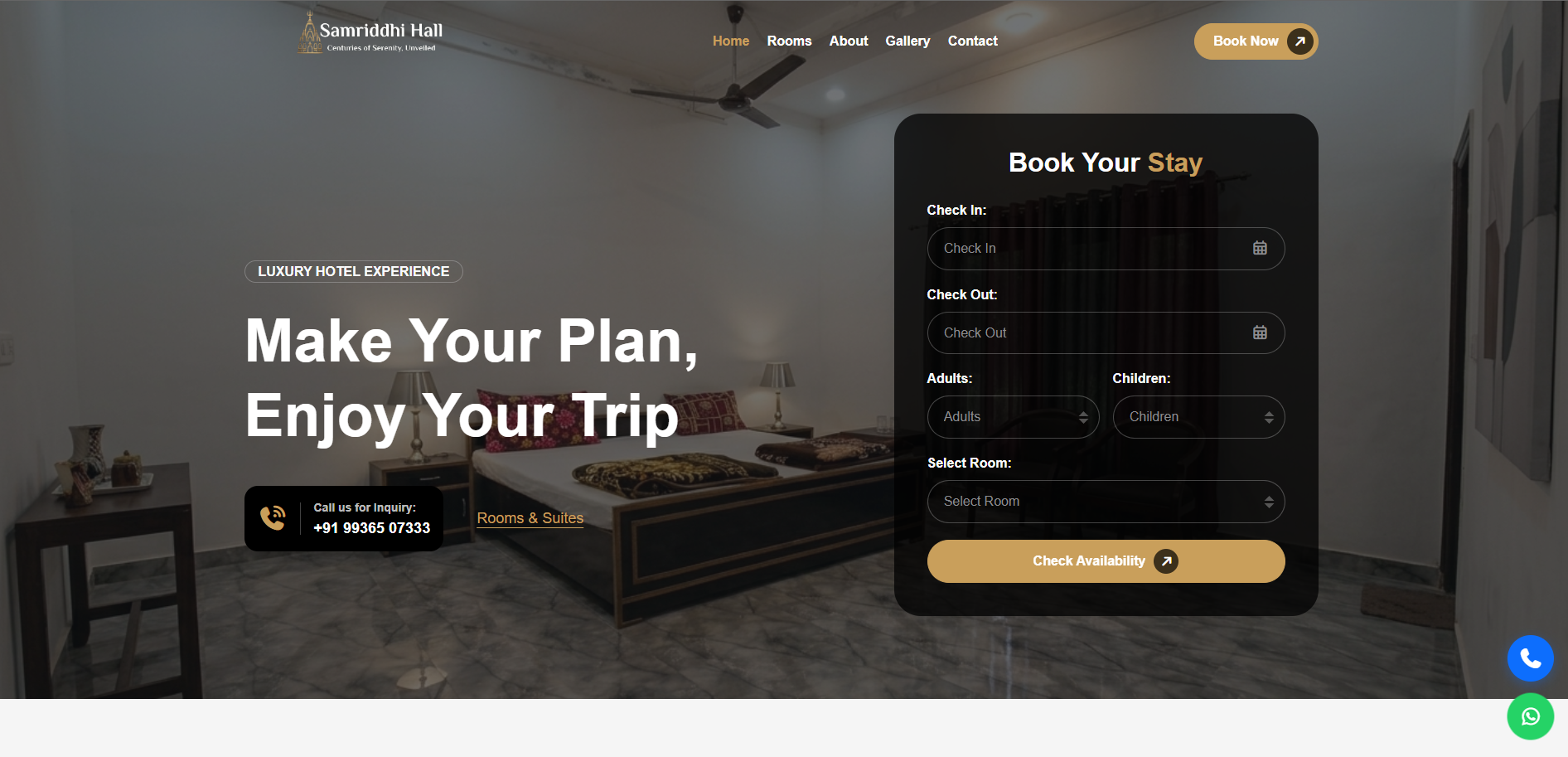 Samriddhi Hall homepage — guest house booking hero and check availability form in Varanasi