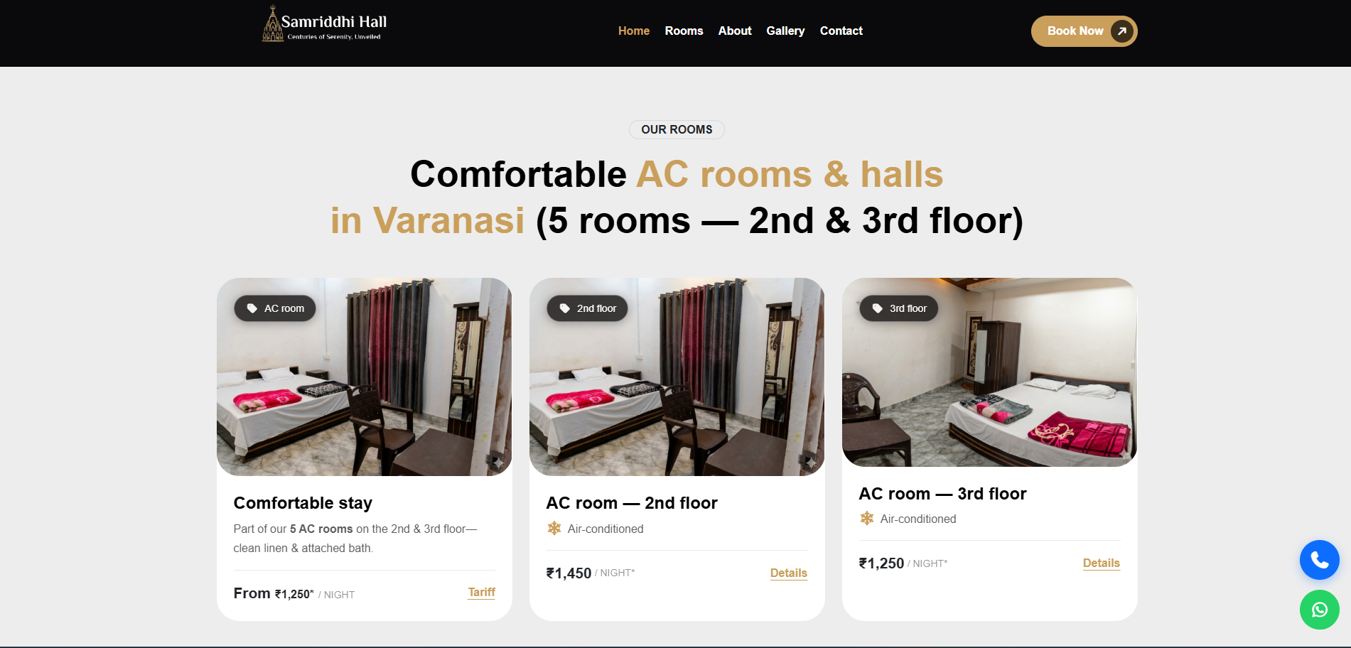 Samriddhi Hall rooms page — AC room tariffs for 2nd and 3rd floor in Varanasi
