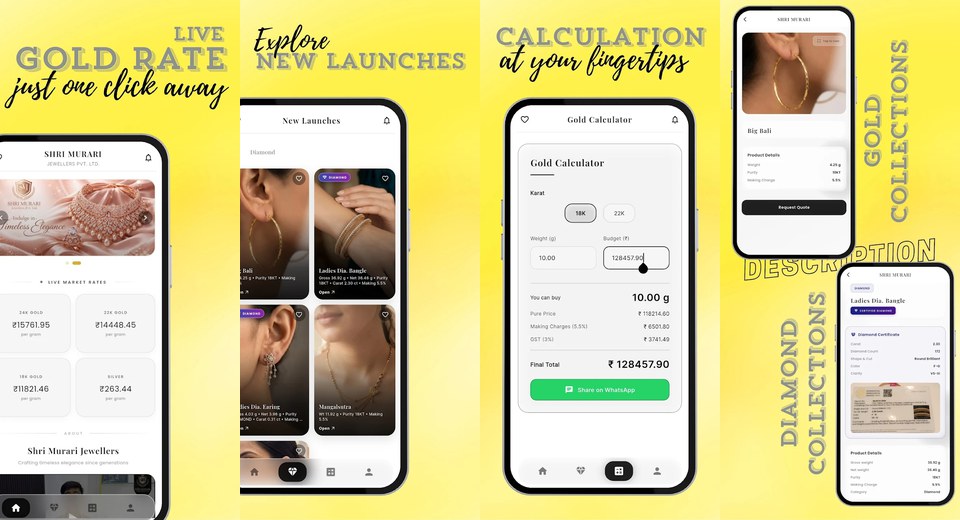 Shri Murari Jewellers app — home with live gold rates, new launches catalogue, gold calculator, and product detail screens