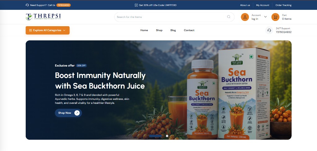 Threpsi Healthcare homepage — Sea Buckthorn Juice hero banner, True Vedic wellness e-commerce