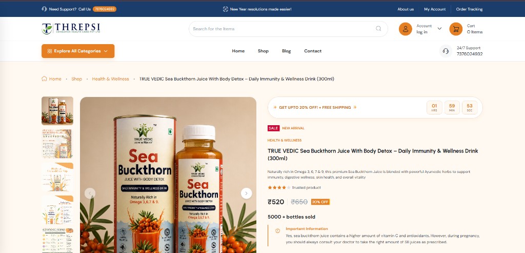 Threpsi Healthcare product detail — True Vedic Sea Buckthorn Juice with countdown timer and Add to Cart