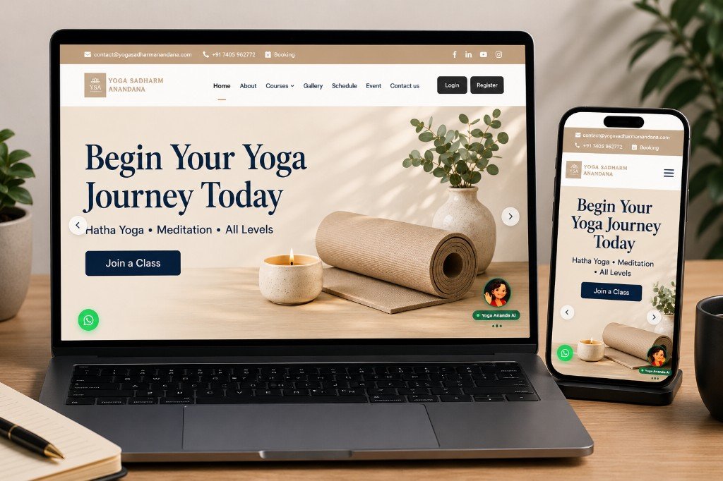 Yoga Sadharm Anandana website on laptop and mobile — Hatha Yoga, meditation and Yoga Anandana AI